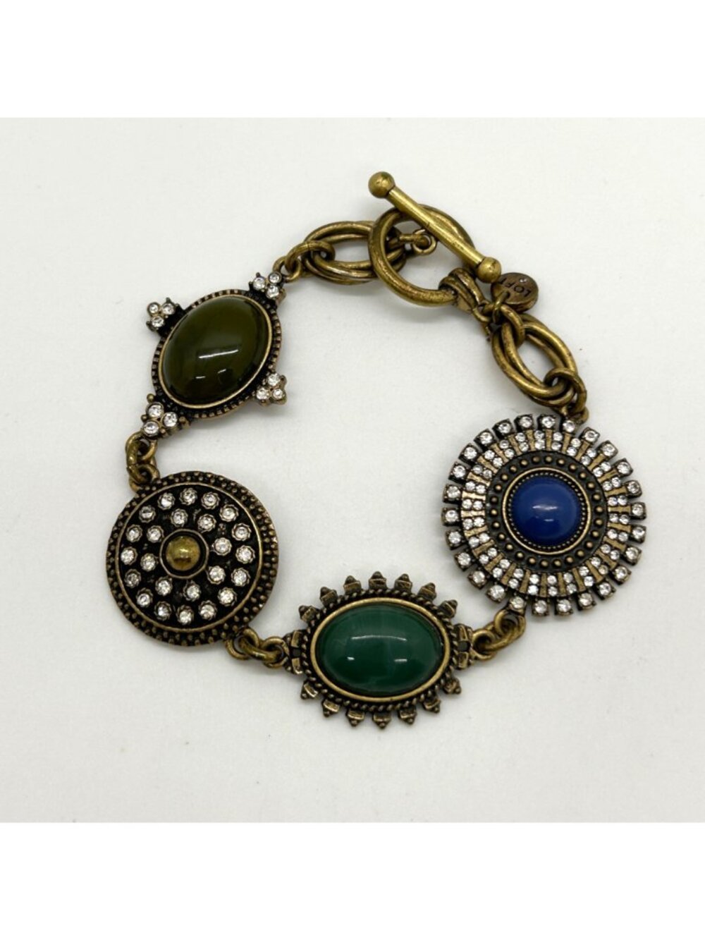 LOFT Vintage Brass Gold Tone Cabochon Stone Pave Crystal Link Bracelet - Picture 2 of 10